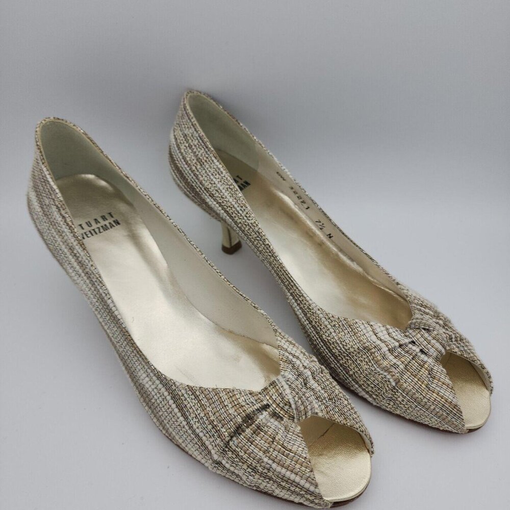 Stuart Weitzman Womens Tallulah Pump Glossy Chiffon Peep Toe Kitten Heels Sz 7.5